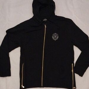 Black Hoodie Zip Up Sweater with Gold Accents